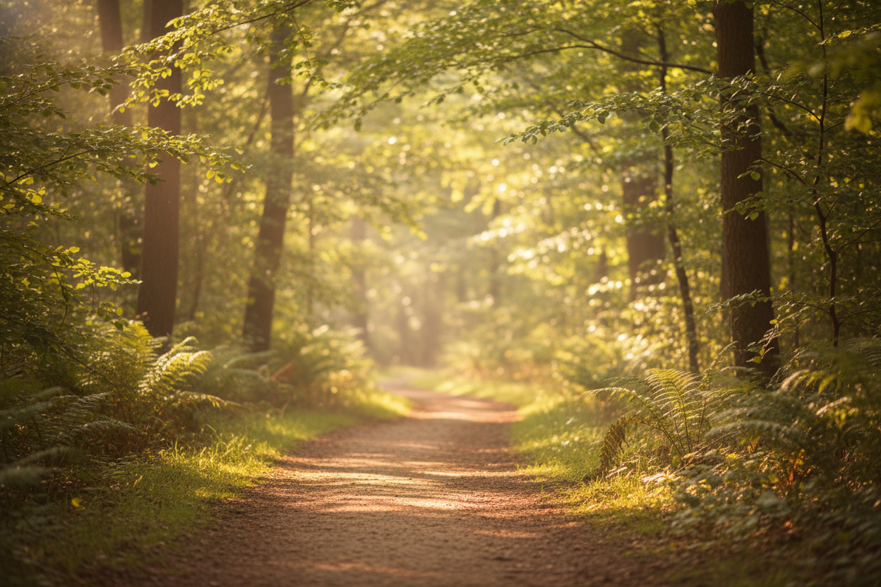 A sunlit woodland path, symbolising a journey of growth