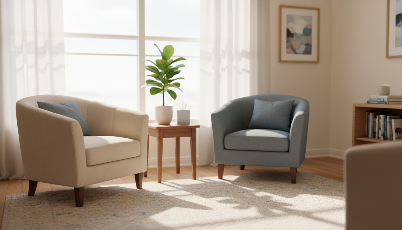 A calm, welcoming counselling room with two armchairs beside a sunlit window